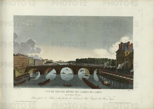 Vue du Nouvel Hôtel des Gardes du Corps sur le quai d'Orsay, d'une partie du palais..., 1817-1824. Creator: Courvoisier-Voisin, Henri (1757-1830).