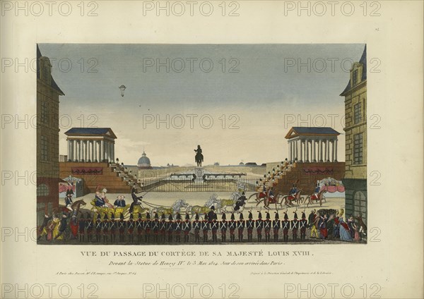 Vue du passage du cortège de Sa Majesté Louis XVIII, devant la statue de Henry IV le 3 mai 1814... Creator: Courvoisier-Voisin, Henri (1757-1830).