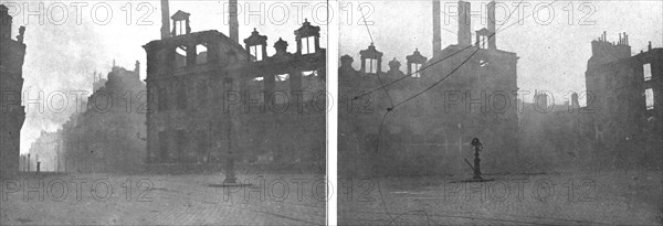 'La destruction methodique de Reims; L'Hotel de Ville en feu, apres le bombardement du 3 ma..., 1917 Creator: Unknown.