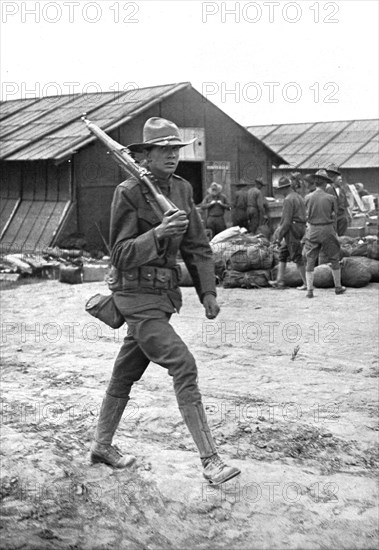 'Les <<Boys>> de L'Amerique; Au Camp Americain de Saint-Nazaire: une sentinelle', 1917. Creator: Jean Clair-Guyot.