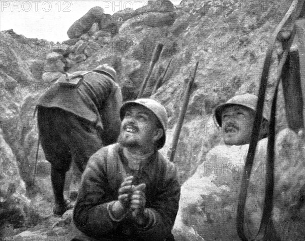 Life in the trenches in Champagne; A torpedo passes: two soldiers follow its trajectory...1917. Creator: Unknown.