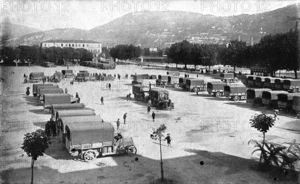 Inter-allied Support; Assembling, on the Place d'Armes in Nice, automobile trucks..., 1917. Creator: Pelanda.