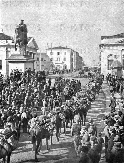 French Troops in Italy; In Brescia: a machine gun unit  march past the Garibaldi..., 1917. Creator: Unknown.