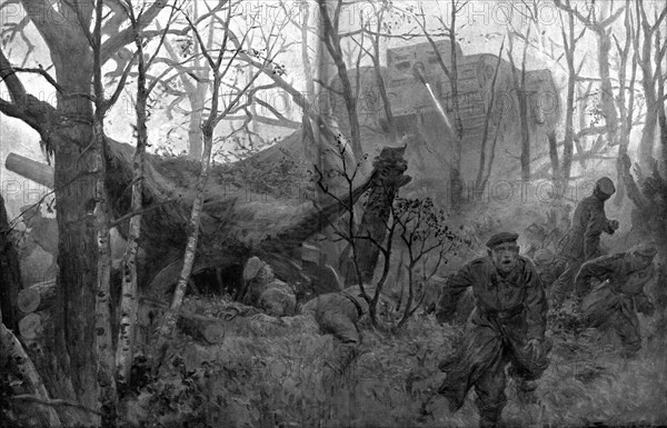British Offensive in Cambrai; German Gunners Surprised by a Tank, 1917. Creator: J Simont.