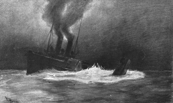 At sea; The English paddle steamer "Monas-Queen" crushes under its port ..., 1917. Creator: Henri Rudaux.