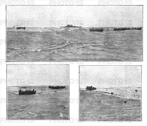 At sea; Amid the lifeboatds, rafts and swimmers, a French gunboat arrives..., 1917. Creator: Unknown.