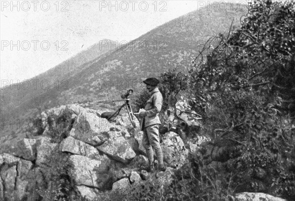 On the Eastern Front; An artillery observer in a position captured..., 1917. Creator: Unknown.