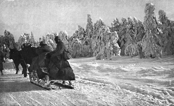 The Last German Roads; Snow in Alsace. Supply by sledge, 1917. Creator: Unknown.