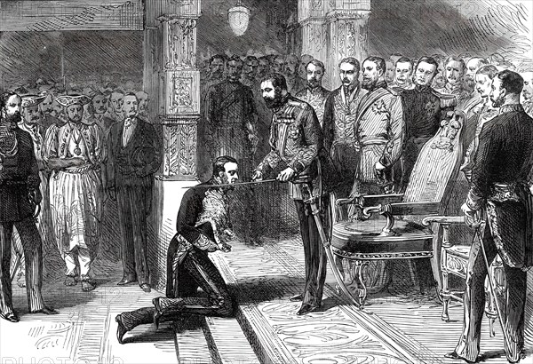 The Prince of Wales knighting the Right Hon. W. H. Gregory..., 1876. Creator: Unknown.