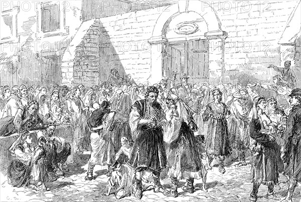 Distributing Charitable Funds to the Herzegovinian Refugees at Ragusa...1876. Creator: Unknown.