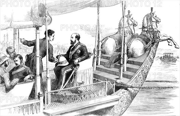 The Prince of Wales on board the State Barge of the Maharajah at Benares...1876. Creator: Unknown.