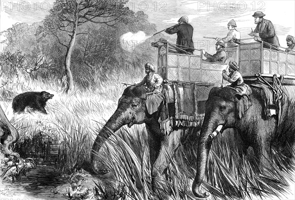 The Prince of Wales in the Terai: Shooting a Bear...1876. Creator: Unknown.