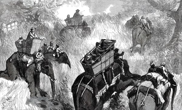 The Prince of Wales in the Terai: crossing a Nullah in the Jungle...1876. Creator: W. J. P..