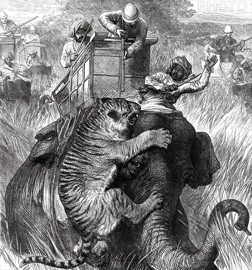 The Prince of Wales in the Nepaul Terai: Colonel Sir Arthur Ellis...with a Tiger...1876. Creator: Unknown.