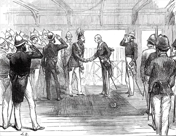 Return of the Prince of Wales from India: the Governor of Bombay...on board the Serapis...1876. Creator: Unknown.