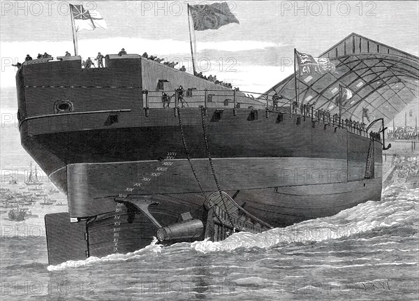 Launch of the Inflexible at Portsmouth Dockyard: stern view of the ship, 1876. Creator: J. R. W..