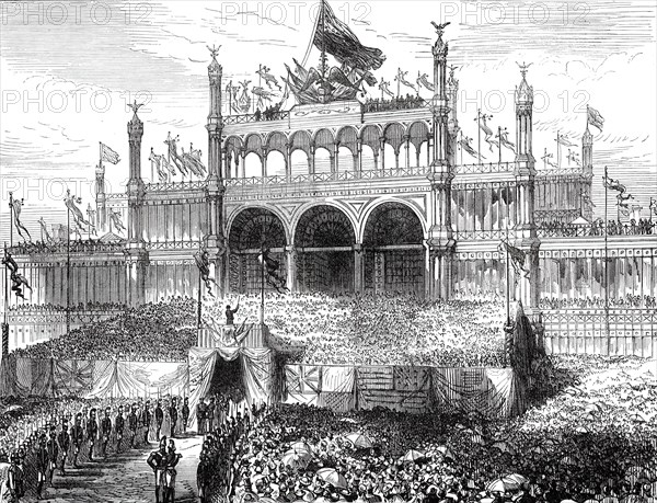 Opening of the American Centennial Exhibition: Chorus singing the Centennial Hymn...1876. Creator: Melton Prior.