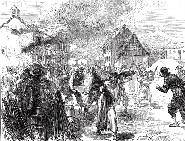 A Journey into the Herzegovina: Fire at a Gunpowder Depot at Grahovo, 1876. Creator: C.R..