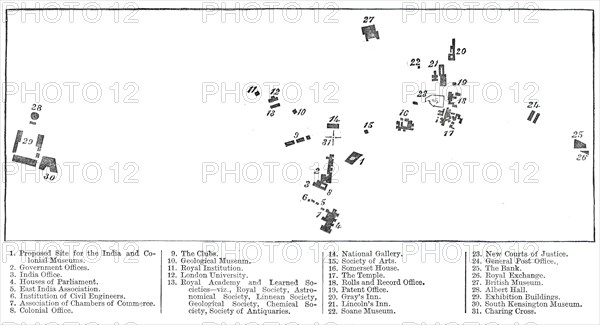 Relative position of the proposed India Museum and other public institutions, 1876. Creator: Unknown.