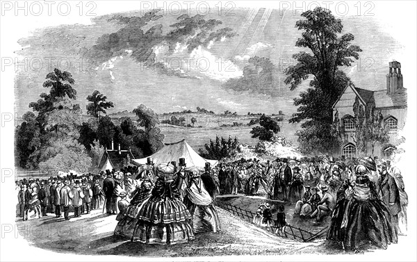 Mowing, Shearing, and Cottagers' Flower Show, at Coleshill Park - the Distribution of the..., 1858. Creator: Unknown.
