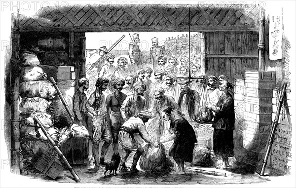 The 70th Bengal Native Infantry drawing rations at the Commissariat Stores, Canton, 1858. Creator: Unknown.