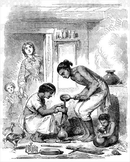 Indian Cook-house - Novel Mode of Straining Coffee, 1858. Creator: Unknown.