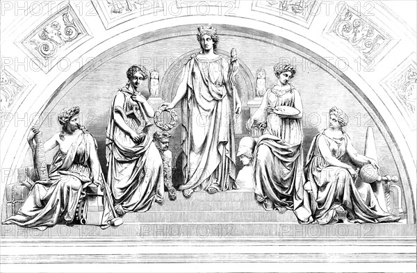 Emblematic Group of Figures, by Mr. John Thomas, over the Principal Entrance of the Leeds..., 1858. Creator: Unknown.