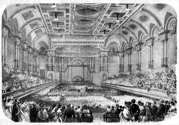 Messrs. Gibson and Bright at the Free-Trade Hall, Manchester, 1858. Creator: Unknown.