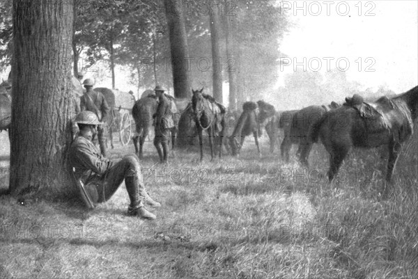 'La rupture de Chemin des Dames; entre l'Ourcq et la Marne: halte de cavaliers amercains', 1918. Creator: Unknown.