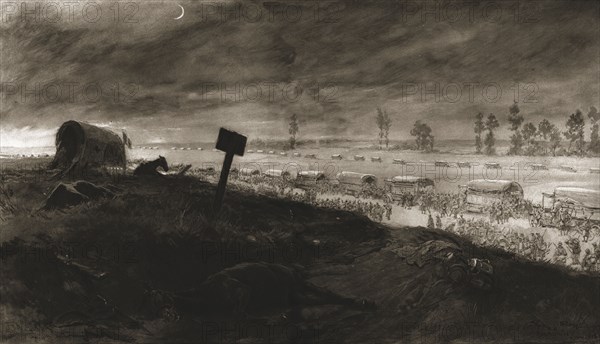 'Dans la Bataille; les transports de troupes sur la ligne de feu: debarquement d'un regiment...1918. Creator: Georges Bertin Scott.