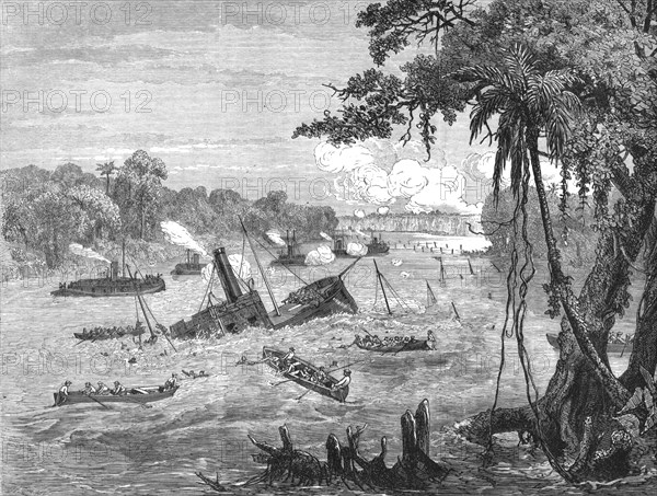 'Naval Warfare in Paraguay, destruction of a Brazilian gunboat by a torpedo; A visit to..., 1875. Creator: Unknown.