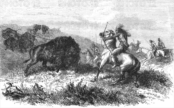 ''Indians hunting Bison; Ocean to Ocean, the Pacific railroad', 1875. Creator: Frederick Whymper.