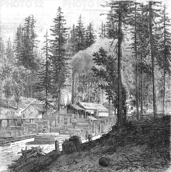 ''Saw mill in a forest of pines.; Ocean to Ocean, the Pacific railroad', 1875. Creator: Frederick Whymper.