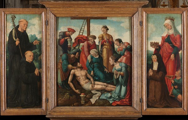 Triptych with the Lamentation of Christ (center), flanked by the male Donor with Saint Benedict (lef Creator: Cornelis Buys the Younger.
