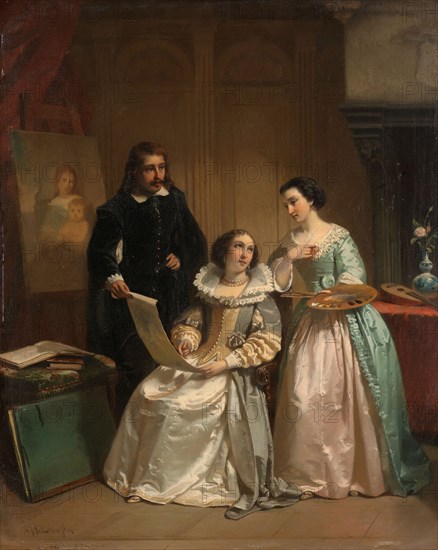 Gerard van Honthorst Showing the Drawings of his Pupil Louise of Bohemia to Amalia van Solms, 1854. Creator: Hendrick Jacobus Scholten.