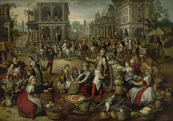 Marketplace, with the Flagellation, the Ecce Homo and the Bearing of the Cross in the background, 15 Creator: Unknown.