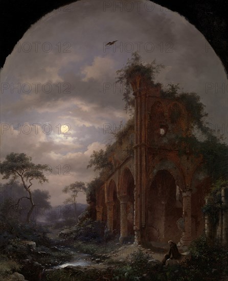 Monk Meditating near a Ruin by Moonlight, 1862. Creator: Frederik Marinus Kruseman.