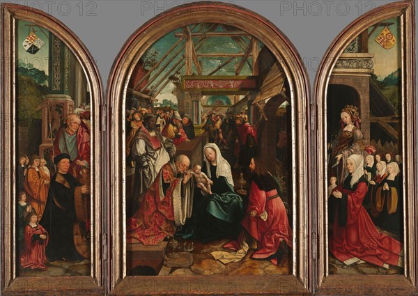 Triptych with the Adoration of the Magi (centre panel), the Donor and his Six Sons with St Jerome (i Creator: Jacob Cornelisz. van Oostsanen.