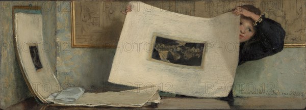 Anna Leafing Through a Portfolio of Prints, 1874. Creator: Laura Theresa Epps Alma-Tadema.