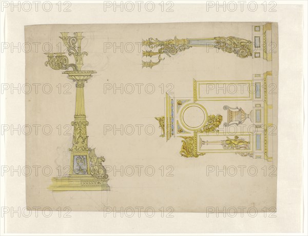 Design for a mantel clock and two candelabra, c.1825-c.1835. Creator: Adrien Louis Marie Cavelier.