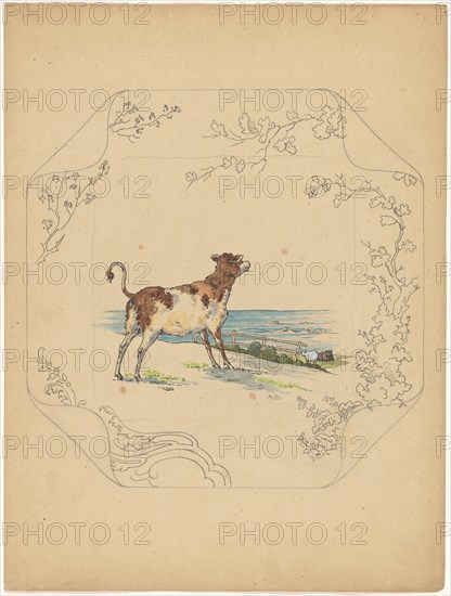 Design for model 'square' board with cow by the sea, c.1875-c.1880. Creator: Albert Louis Dammouse.