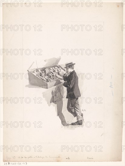 Boy reading at a book stall, 1890-1928. Creator: Alcide Theophile Robaudi.