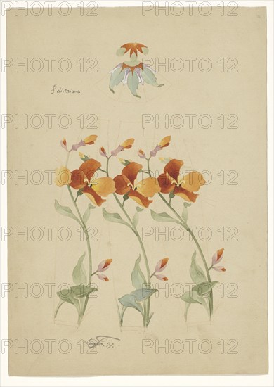 Three segments of a vase painted with poppies, and a lid painted with leaves, 1897. Creator: Anatole-Alexis Fournier.