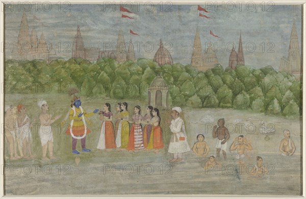 On the banks of the Yamuna in Brindaban, Krishna dances with the Gopis, 1800-1825. Creator: Anon.