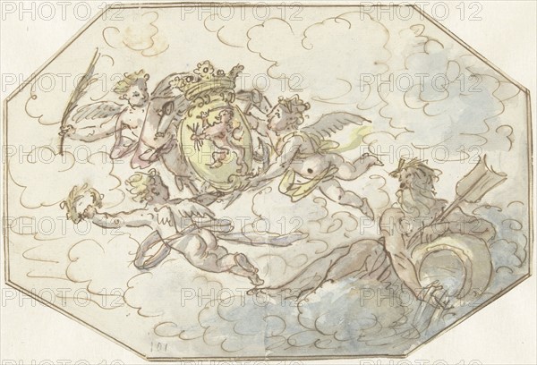 Allegory with putti with coat of arms and the god of river, 1700-1800. Creator: Anon.