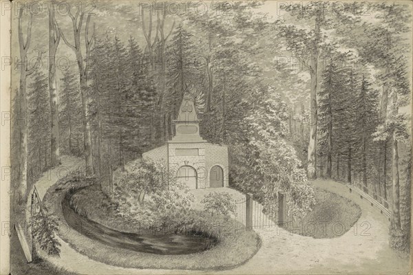 Monument in a forest, 1839. Creator: Anon.