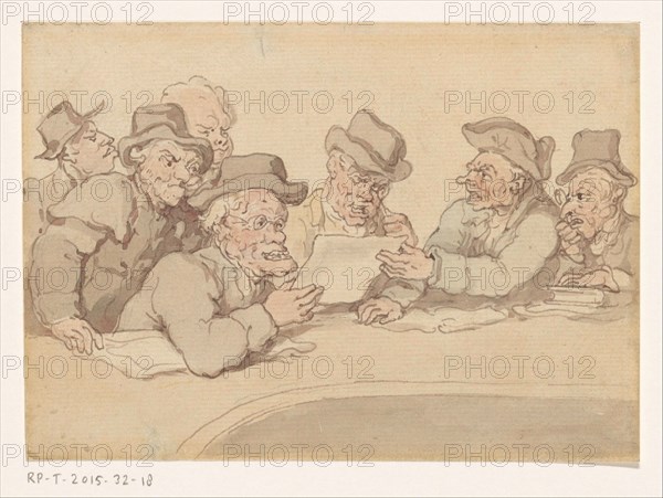 Men look around a table a print or drawing, c.1775-c.1825. Creator: Anon.