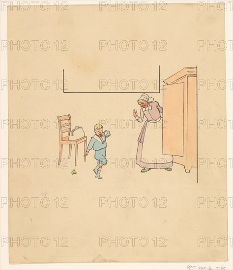 Wife and crying boy by a cupboard, c.1880-c.1910. Creator: Anon.