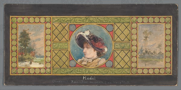 Triptych of painted glass with a landscape on either side of a portrait of a woman with hat, c.1850- Creator: Anon.