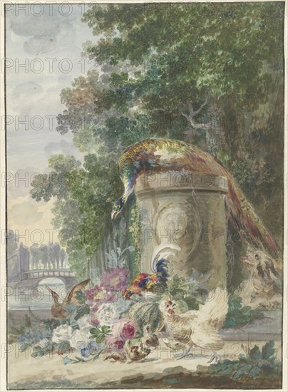 Peacock and Poultry in a Park, Chased by a Dog, c.1775-c.1800. Creator: Arie Lamme.